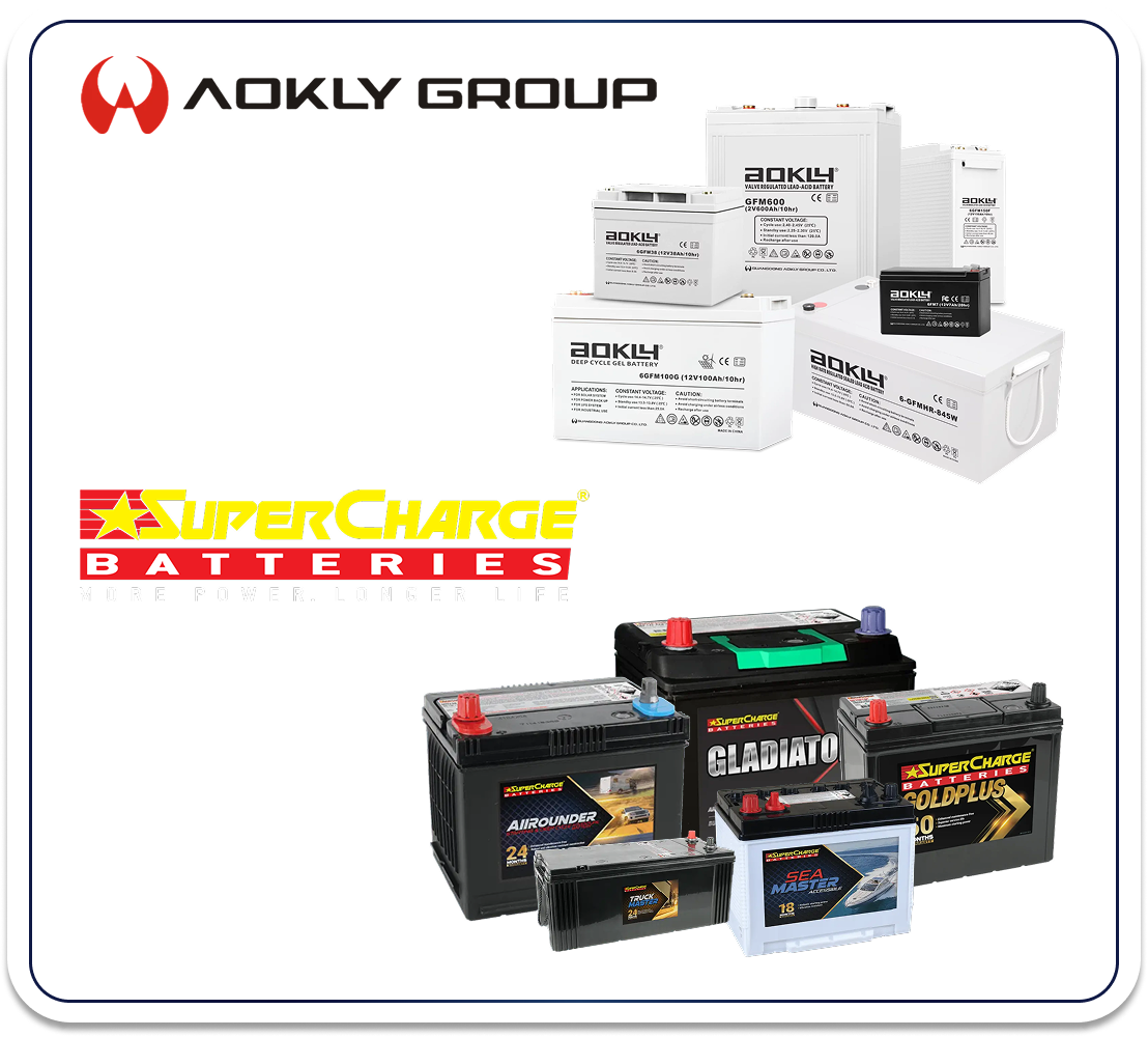 Battery brands we supply, including Aokly Group and SuperCharge ranges